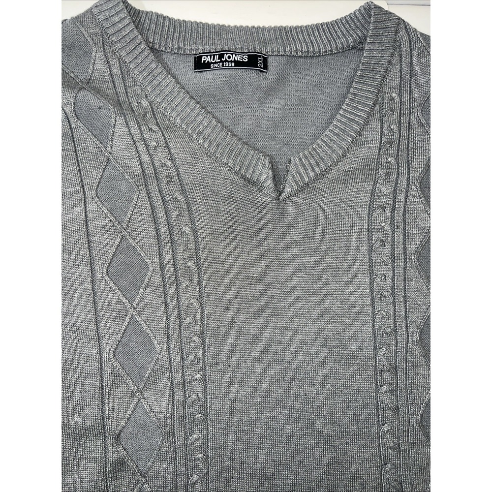 Paul Jones Mens Sweater Vest 2XL Gray Cable Knit Diamond  V Neck Pullover Gramps